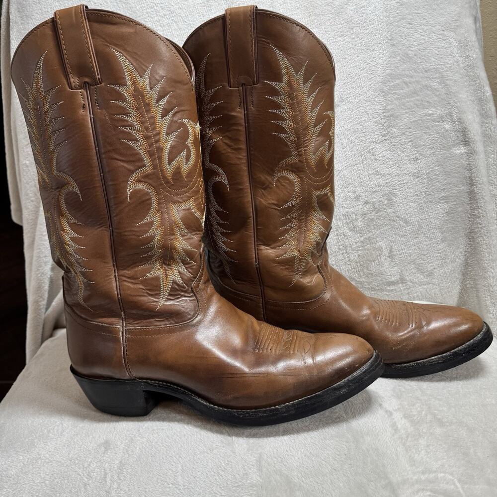 Tony Lama Leather Boots Men 10 EE Brown Cowboy Western Pointed Toe Embroidered